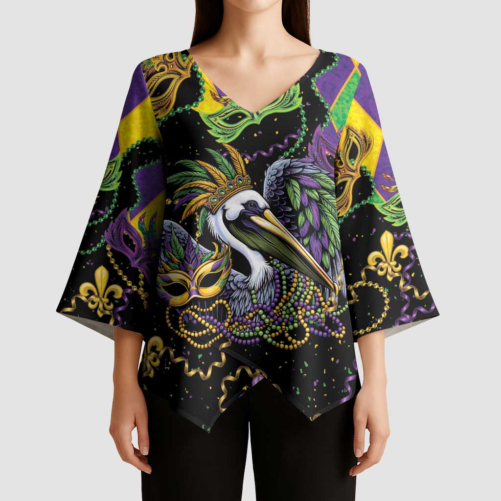 Mardi Gras Pelican Kimono Sleeve Blouse On Tuesdays We Wear Beads - Wonder Print Shop