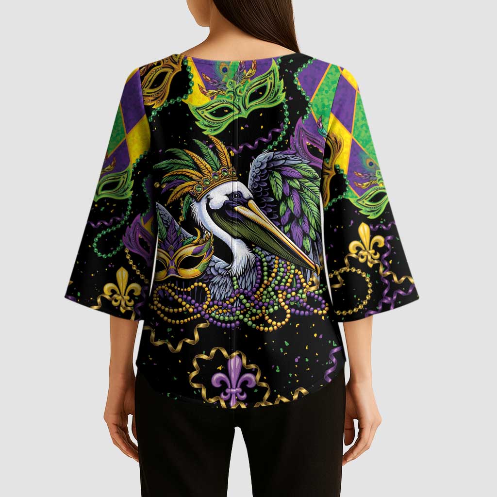 Mardi Gras Pelican Kimono Sleeve Blouse On Tuesdays We Wear Beads - Wonder Print Shop