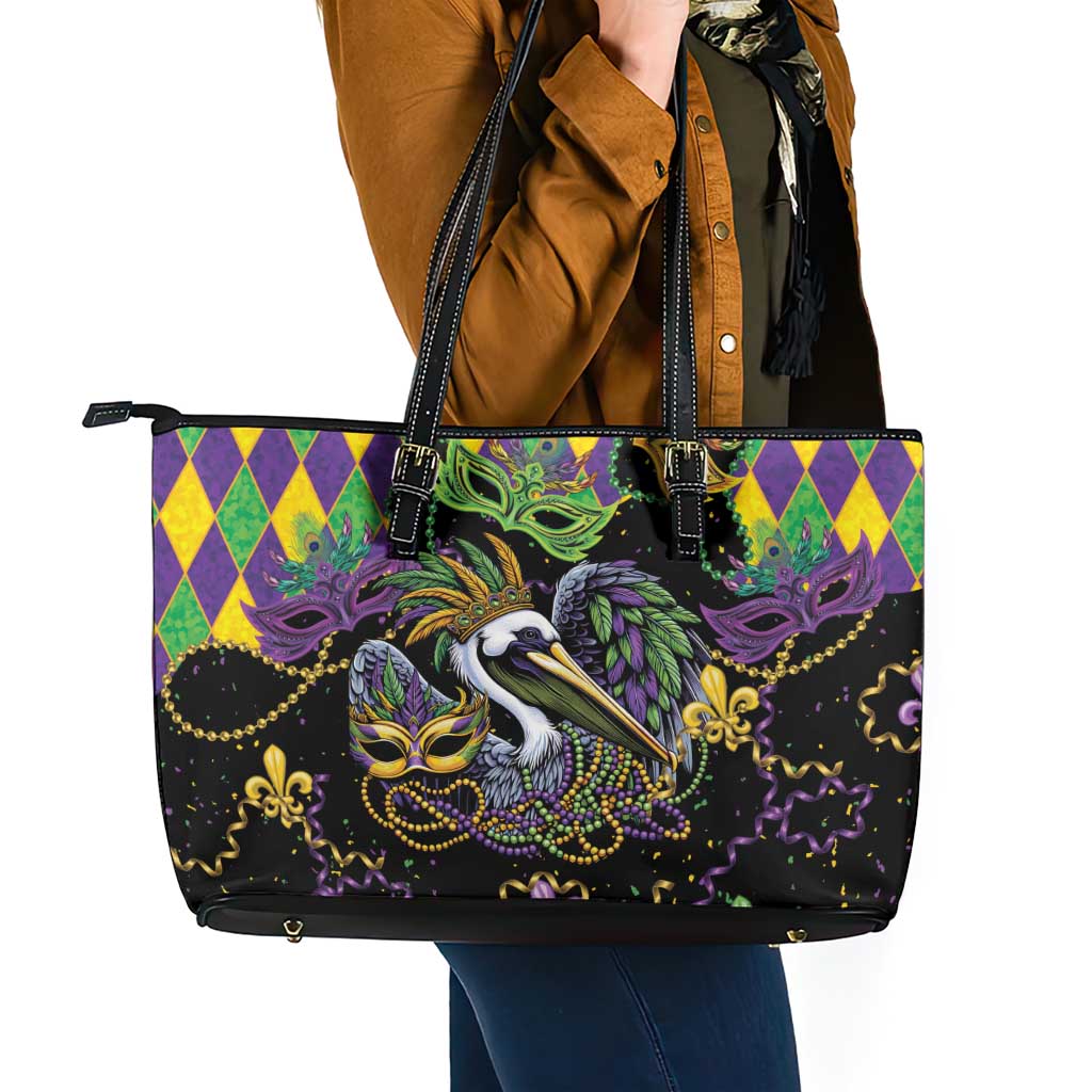 Mardi Gras Pelican Leather Tote Bag On Tuesdays We Wear Beads - Wonder Print Shop