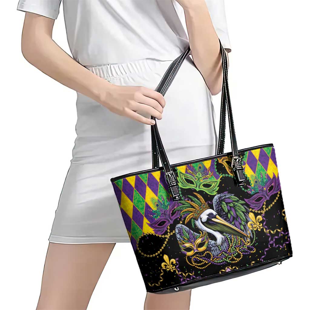 Mardi Gras Pelican Leather Tote Bag On Tuesdays We Wear Beads - Wonder Print Shop