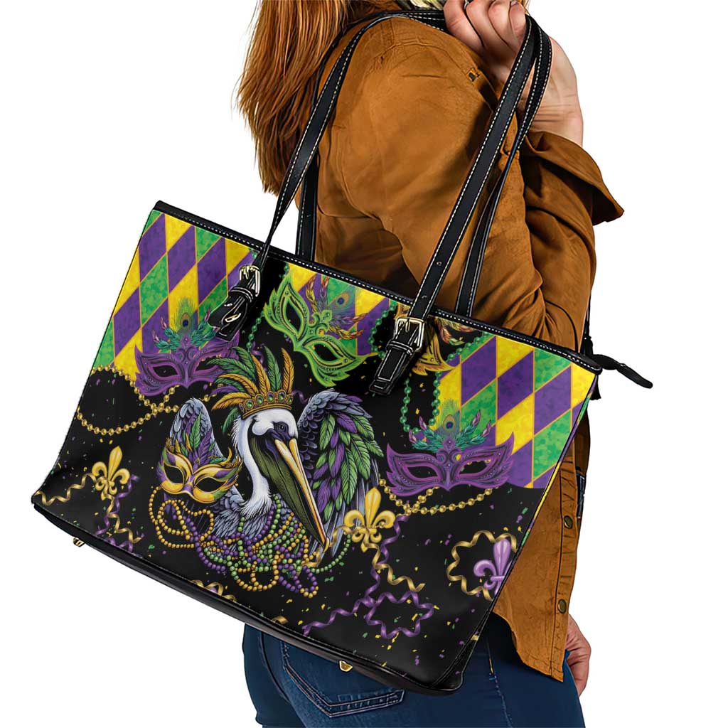 Mardi Gras Pelican Leather Tote Bag On Tuesdays We Wear Beads - Wonder Print Shop