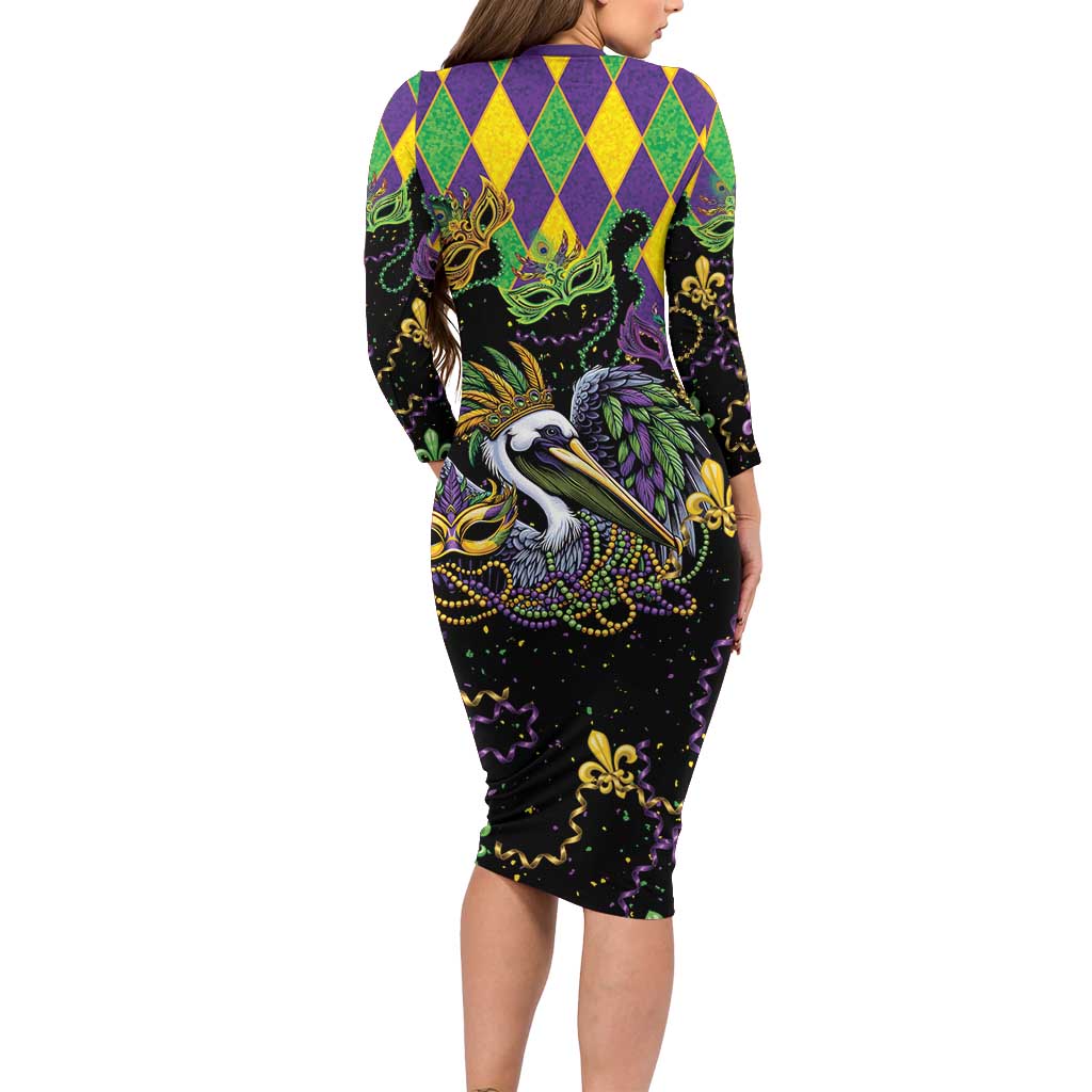Mardi Gras Pelican Long Sleeve Bodycon Dress On Tuesdays We Wear Beads - Wonder Print Shop