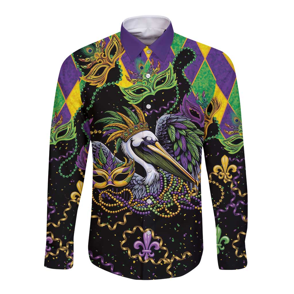 Mardi Gras Pelican Long Sleeve Button Shirt On Tuesdays We Wear Beads - Wonder Print Shop