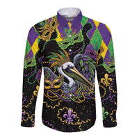 Mardi Gras Pelican Long Sleeve Button Shirt On Tuesdays We Wear Beads - Wonder Print Shop