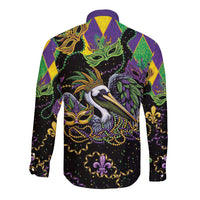 Mardi Gras Pelican Long Sleeve Button Shirt On Tuesdays We Wear Beads - Wonder Print Shop