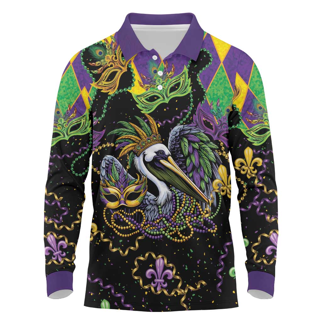 Mardi Gras Pelican Long Sleeve Polo Shirt On Tuesdays We Wear Beads - Wonder Print Shop