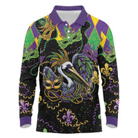 Mardi Gras Pelican Long Sleeve Polo Shirt On Tuesdays We Wear Beads - Wonder Print Shop