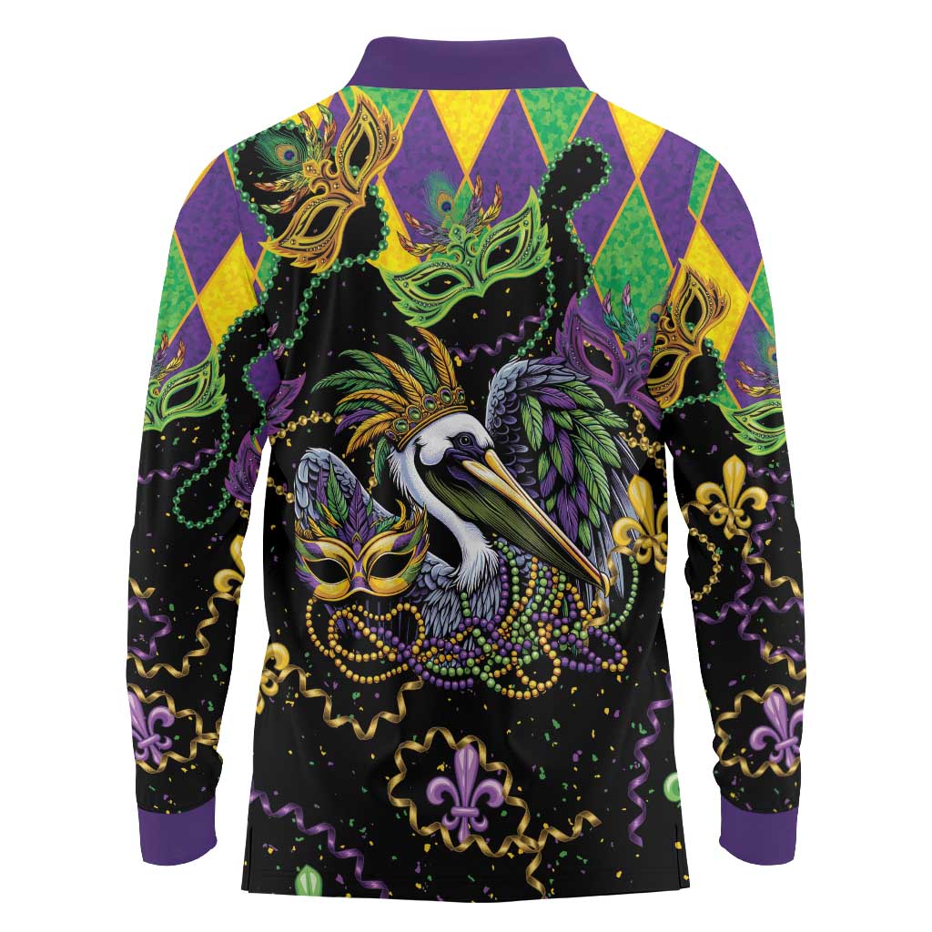 Mardi Gras Pelican Long Sleeve Polo Shirt On Tuesdays We Wear Beads - Wonder Print Shop