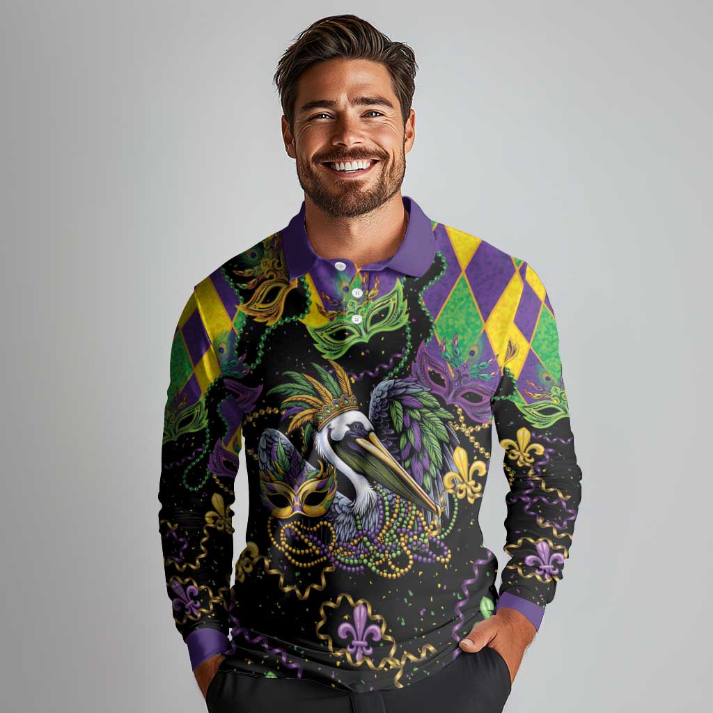 Mardi Gras Pelican Long Sleeve Polo Shirt On Tuesdays We Wear Beads - Wonder Print Shop