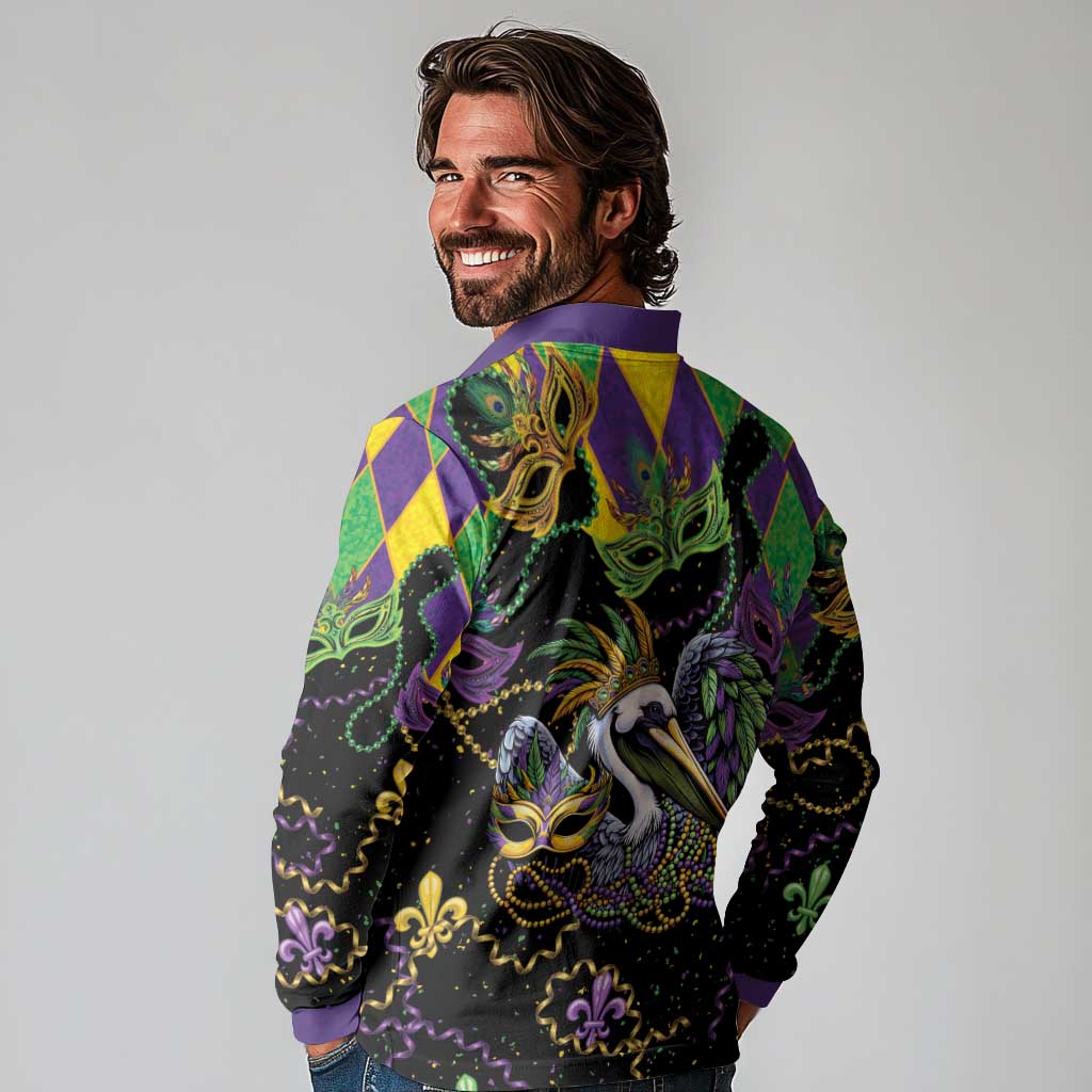 Mardi Gras Pelican Long Sleeve Polo Shirt On Tuesdays We Wear Beads - Wonder Print Shop