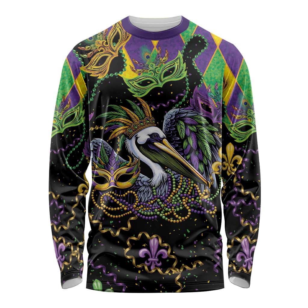 Mardi Gras Pelican Long Sleeve Shirt On Tuesdays We Wear Beads - Wonder Print Shop