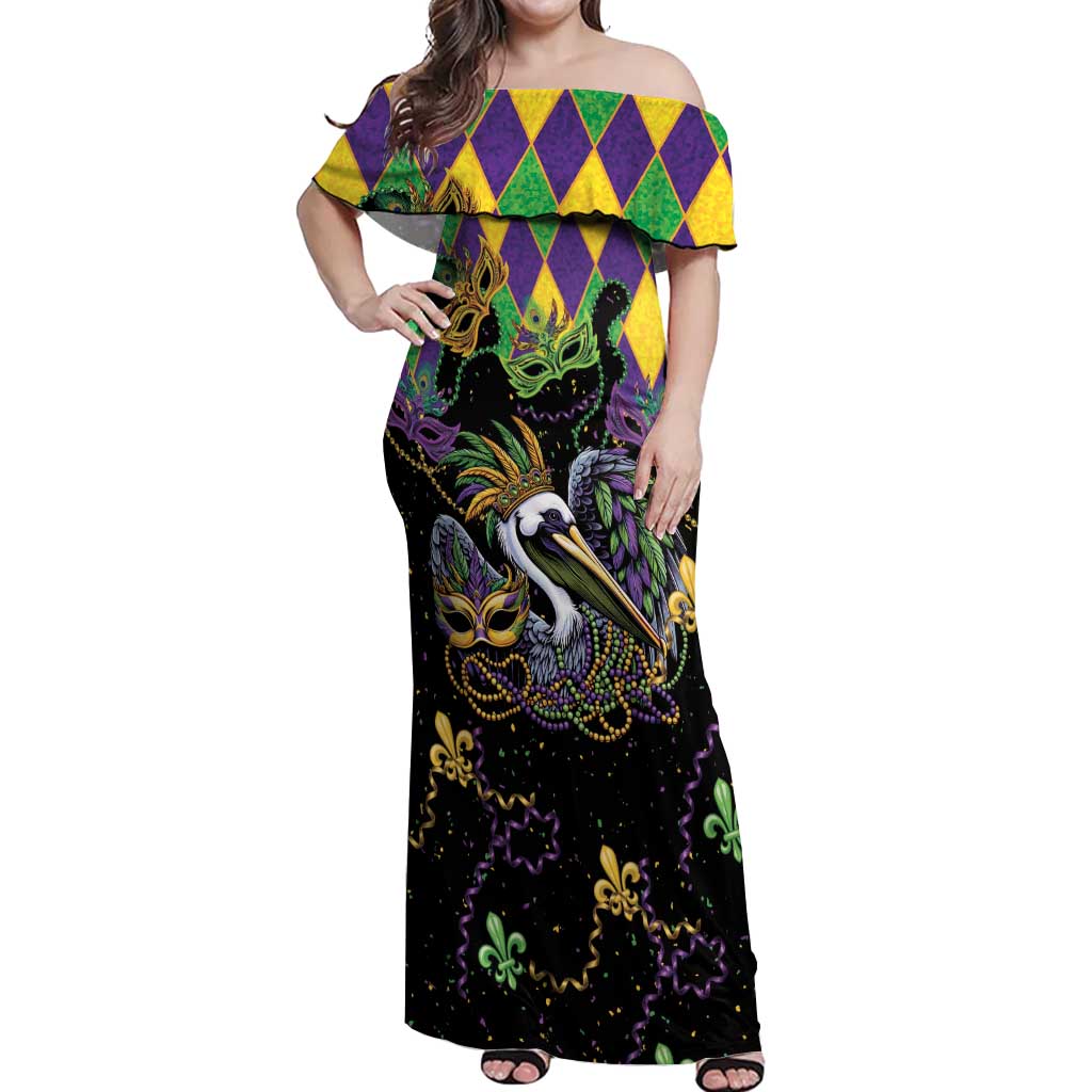 Mardi Gras Pelican Off Shoulder Maxi Dress On Tuesdays We Wear Beads - Wonder Print Shop