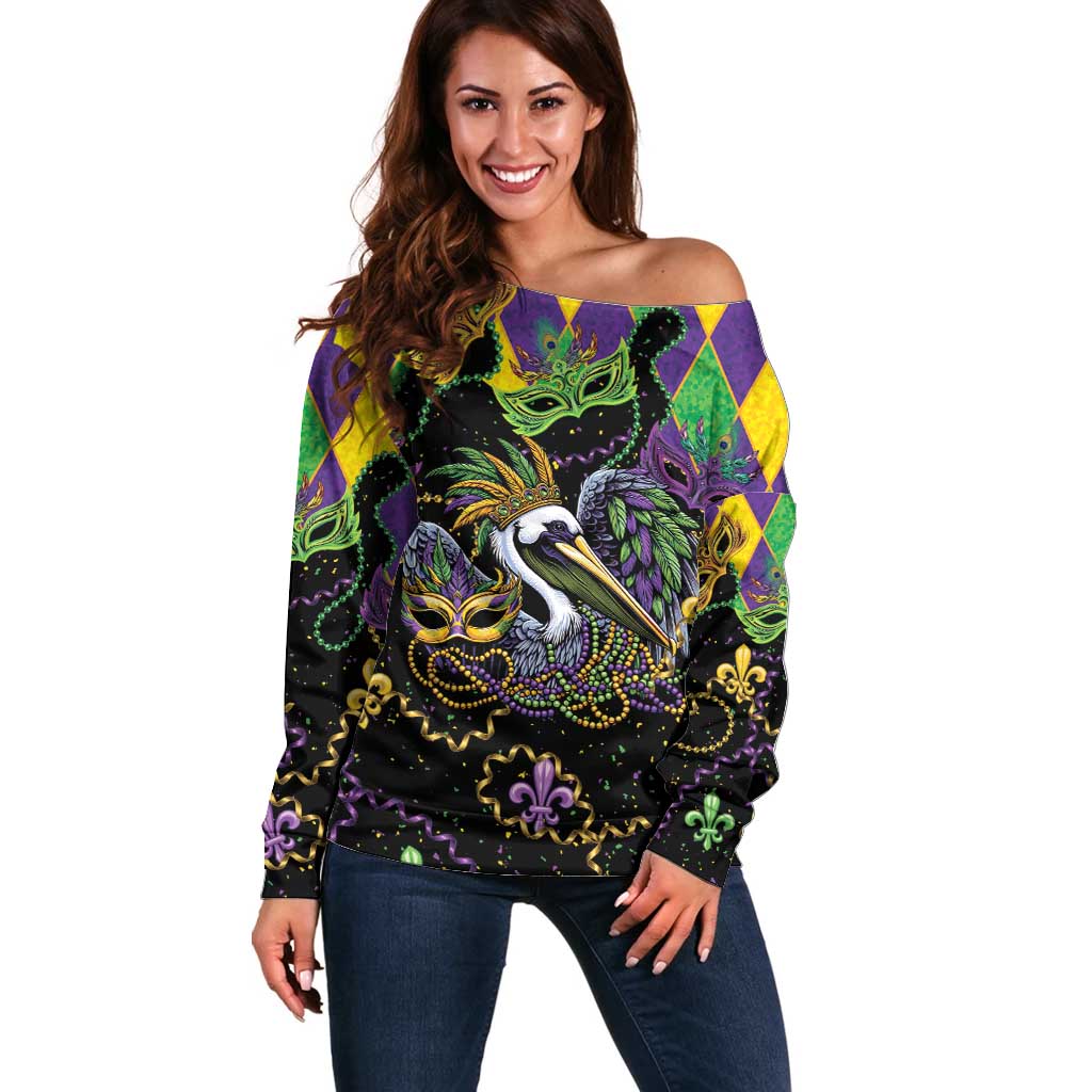 Mardi Gras Pelican Off Shoulder Sweater On Tuesdays We Wear Beads - Wonder Print Shop