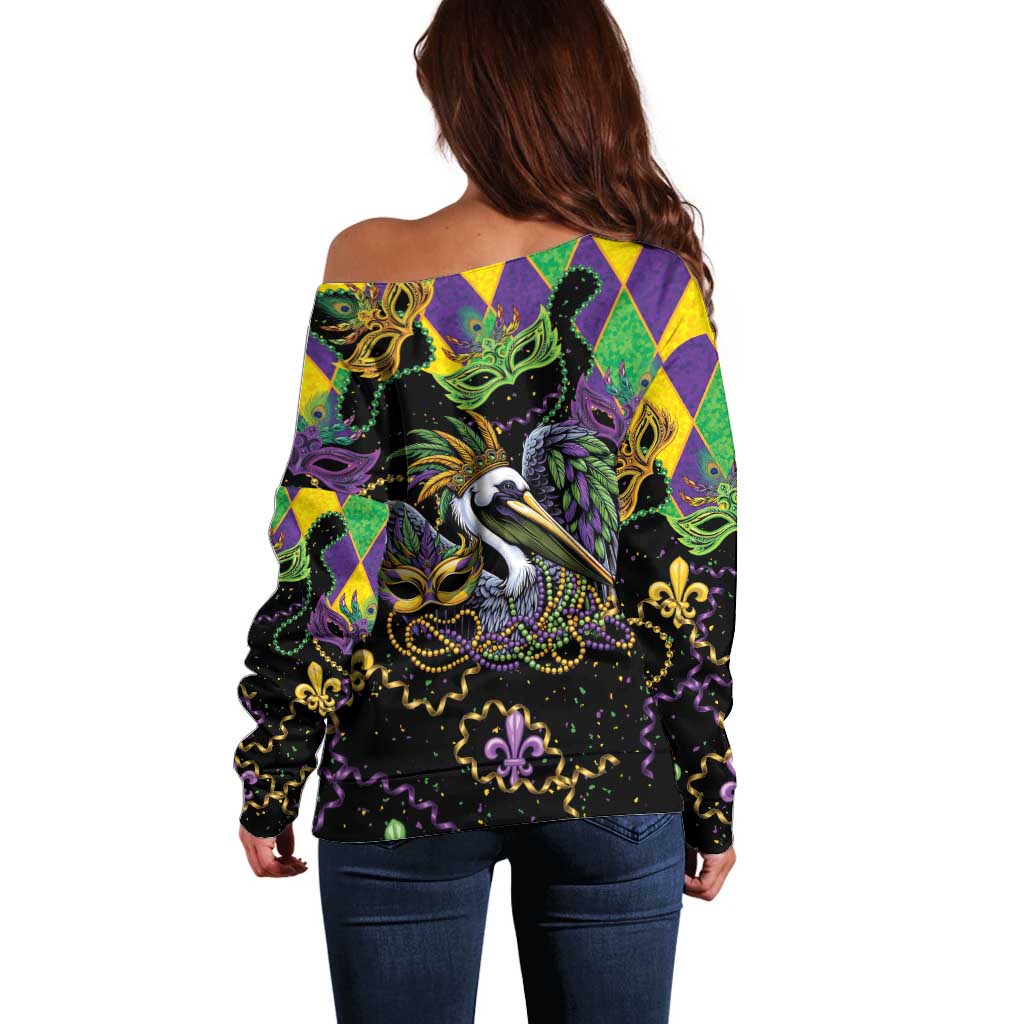 Mardi Gras Pelican Off Shoulder Sweater On Tuesdays We Wear Beads - Wonder Print Shop