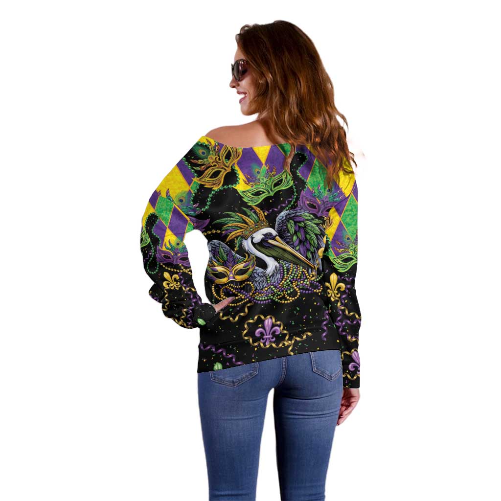 Mardi Gras Pelican Off Shoulder Sweater On Tuesdays We Wear Beads - Wonder Print Shop
