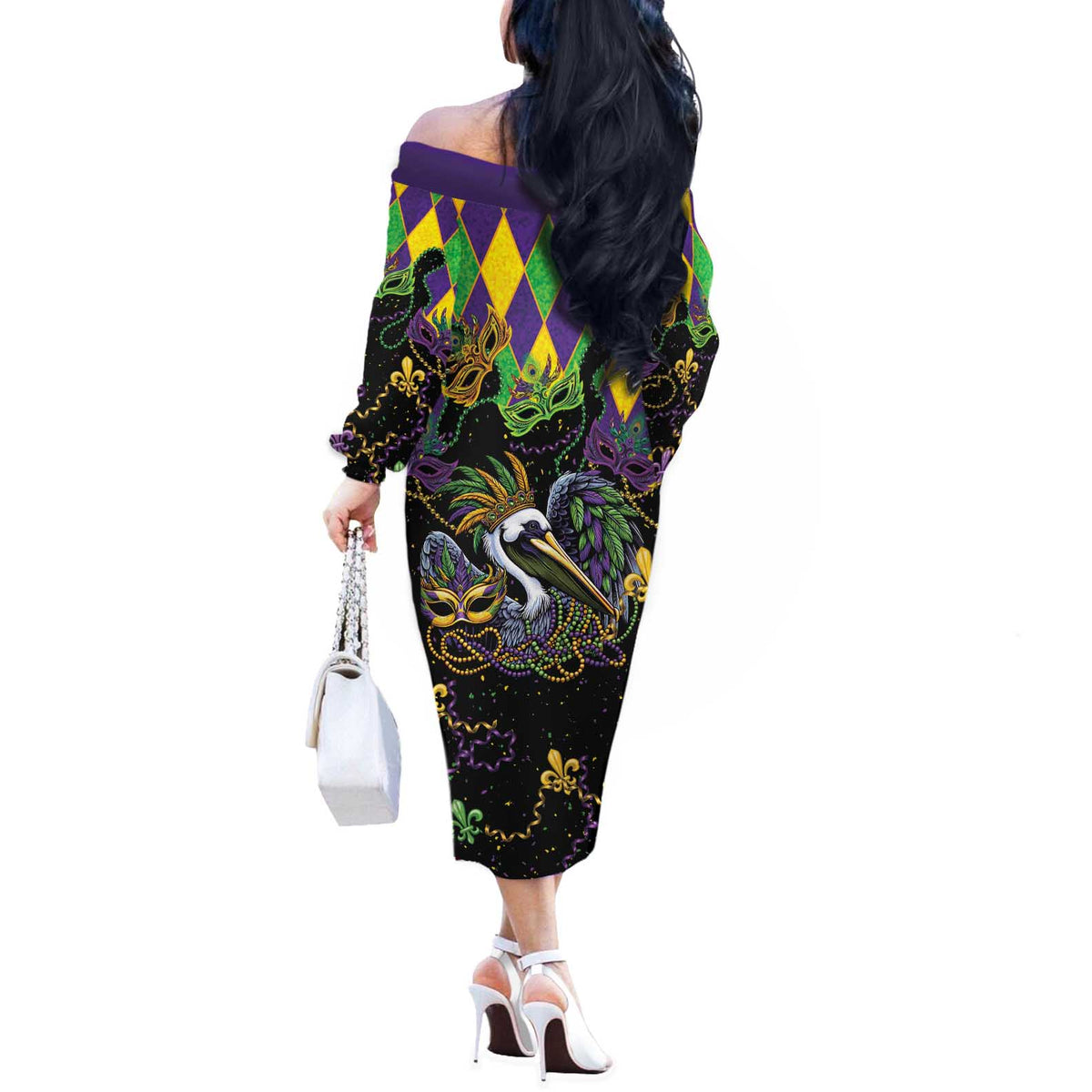 Mardi Gras Pelican Off The Shoulder Long Sleeve Dress On Tuesdays We Wear Beads - Wonder Print Shop