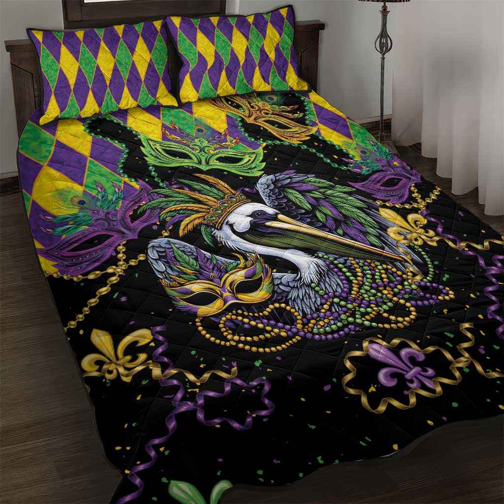 Mardi Gras Pelican Quilt Bed Set On Tuesdays We Wear Beads - Wonder Print Shop