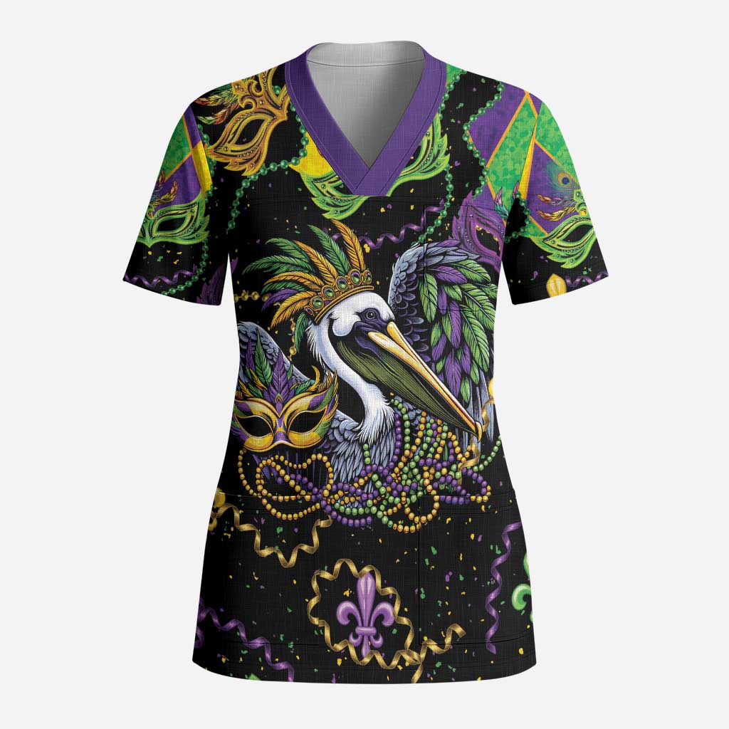 Mardi Gras Pelican Scrub Top On Tuesdays We Wear Beads - Wonder Print Shop