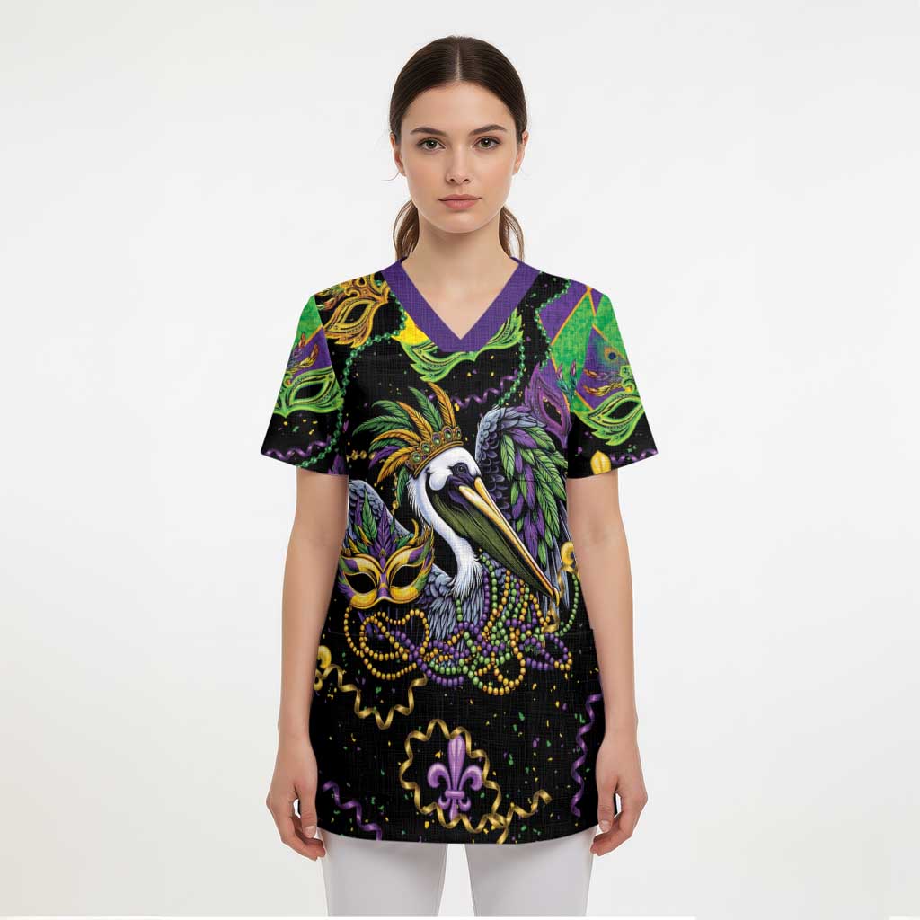Mardi Gras Pelican Scrub Top On Tuesdays We Wear Beads - Wonder Print Shop