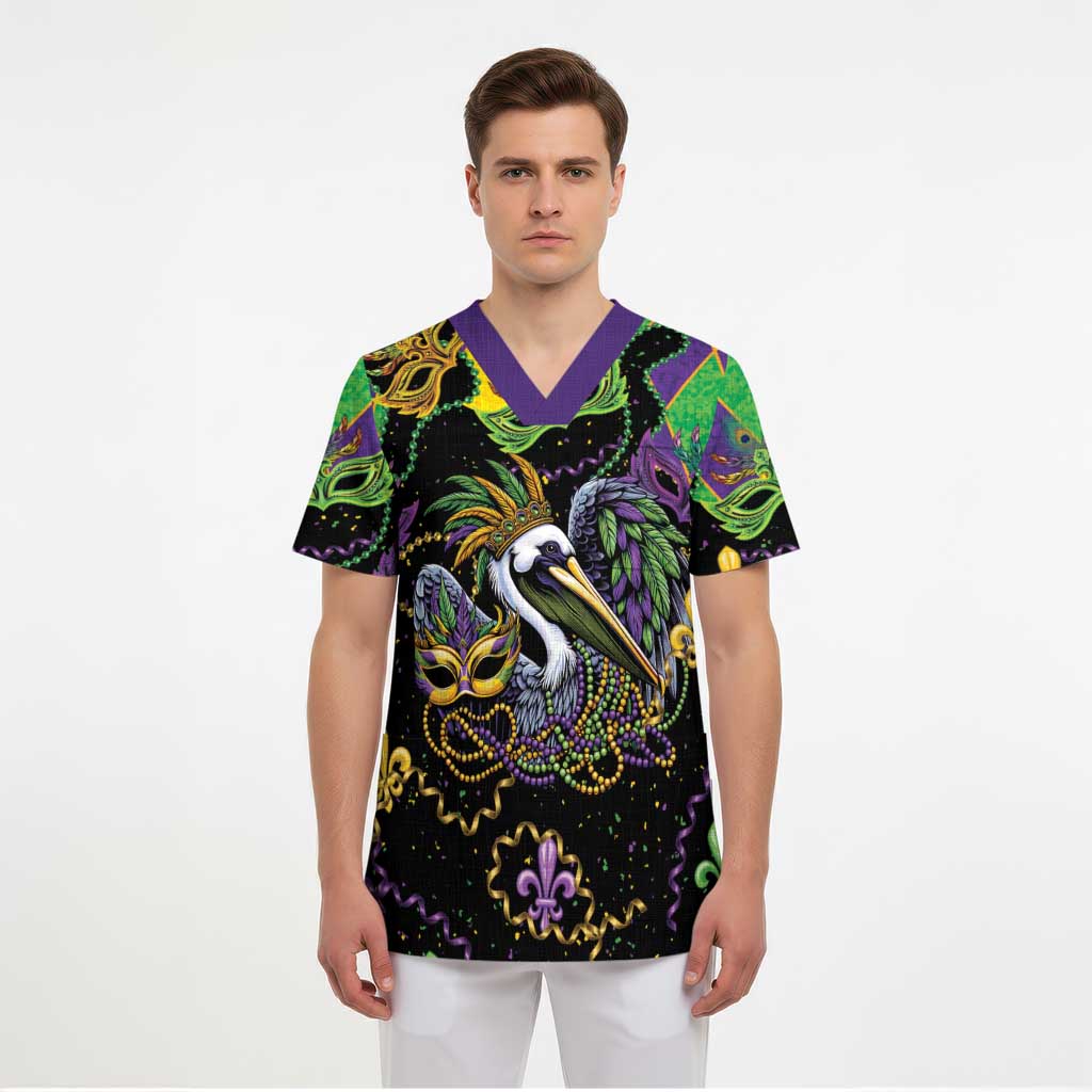 Mardi Gras Pelican Scrub Top On Tuesdays We Wear Beads - Wonder Print Shop