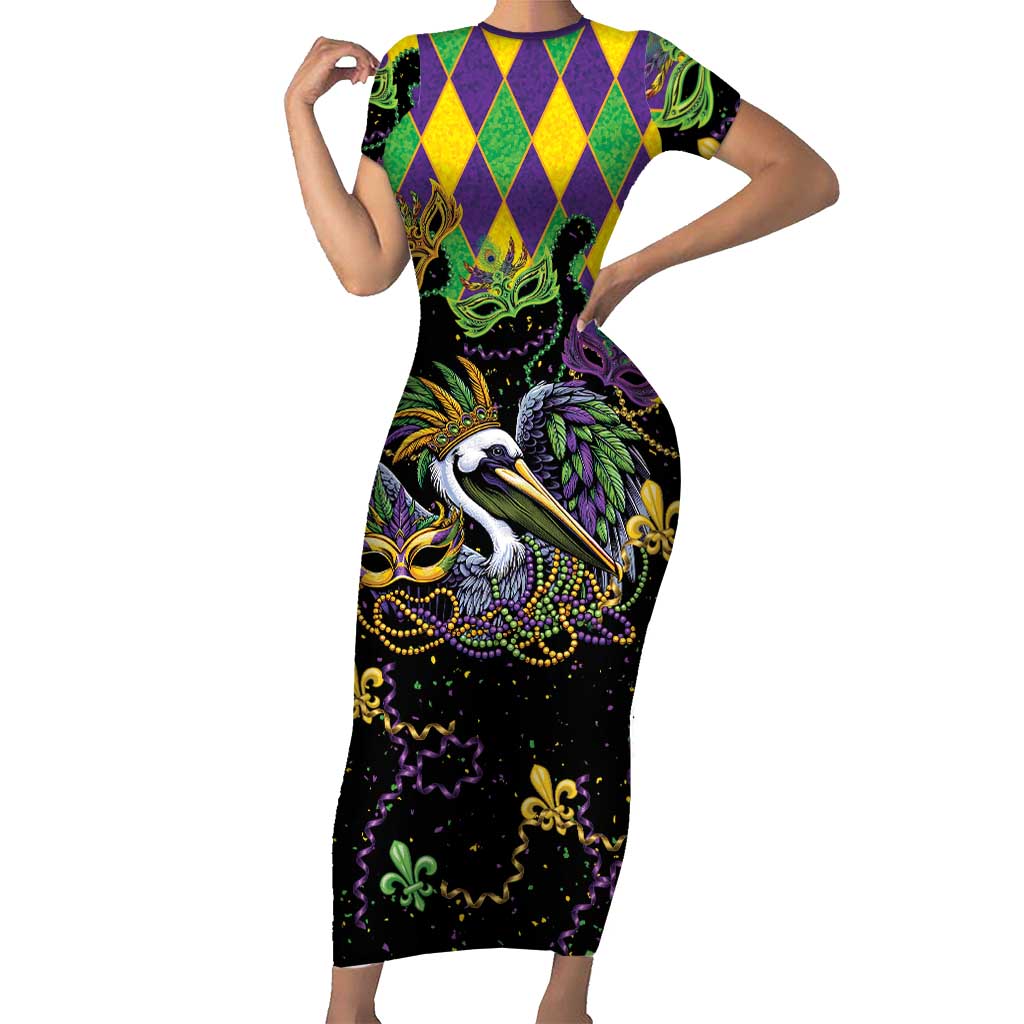 Mardi Gras Pelican Short Sleeve Bodycon Dress On Tuesdays We Wear Beads - Wonder Print Shop