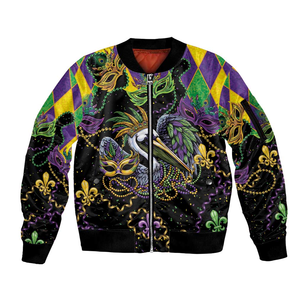 Mardi Gras Pelican Sleeve Zip Bomber Jacket On Tuesdays We Wear Beads - Wonder Print Shop