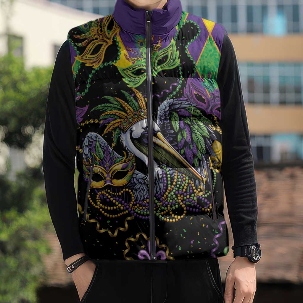 Mardi Gras Pelican Sleeveless Puffer Jacket On Tuesdays We Wear Beads - Wonder Print Shop
