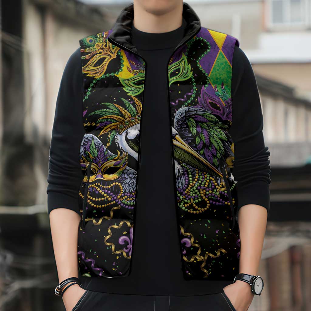 Mardi Gras Pelican Sleeveless Puffer Jacket On Tuesdays We Wear Beads - Wonder Print Shop