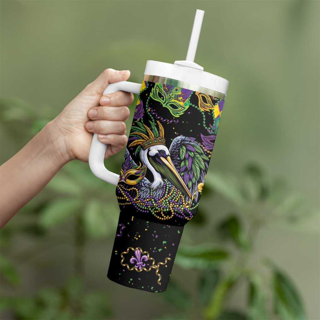 Mardi Gras Pelican Tumbler With Handle On Tuesdays We Wear Beads - Wonder Print Shop