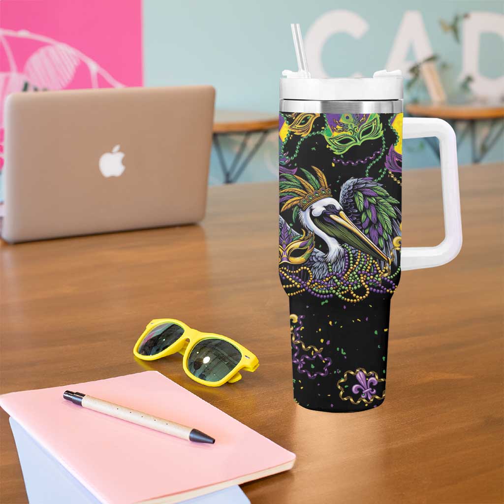 Mardi Gras Pelican Tumbler With Handle On Tuesdays We Wear Beads - Wonder Print Shop