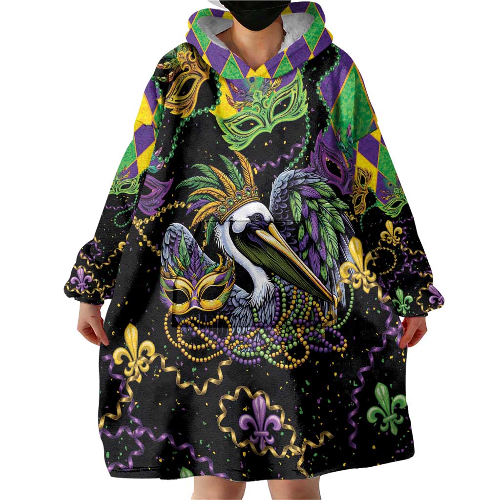 Mardi Gras Pelican Wearable Blanket Hoodie On Tuesdays We Wear Beads - Wonder Print Shop