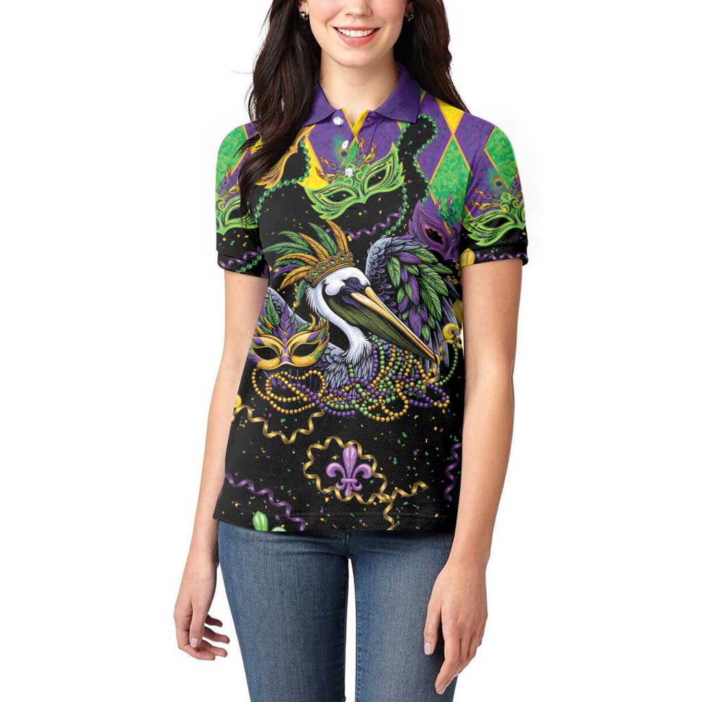 Mardi Gras Pelican Women Polo Shirt On Tuesdays We Wear Beads - Wonder Print Shop
