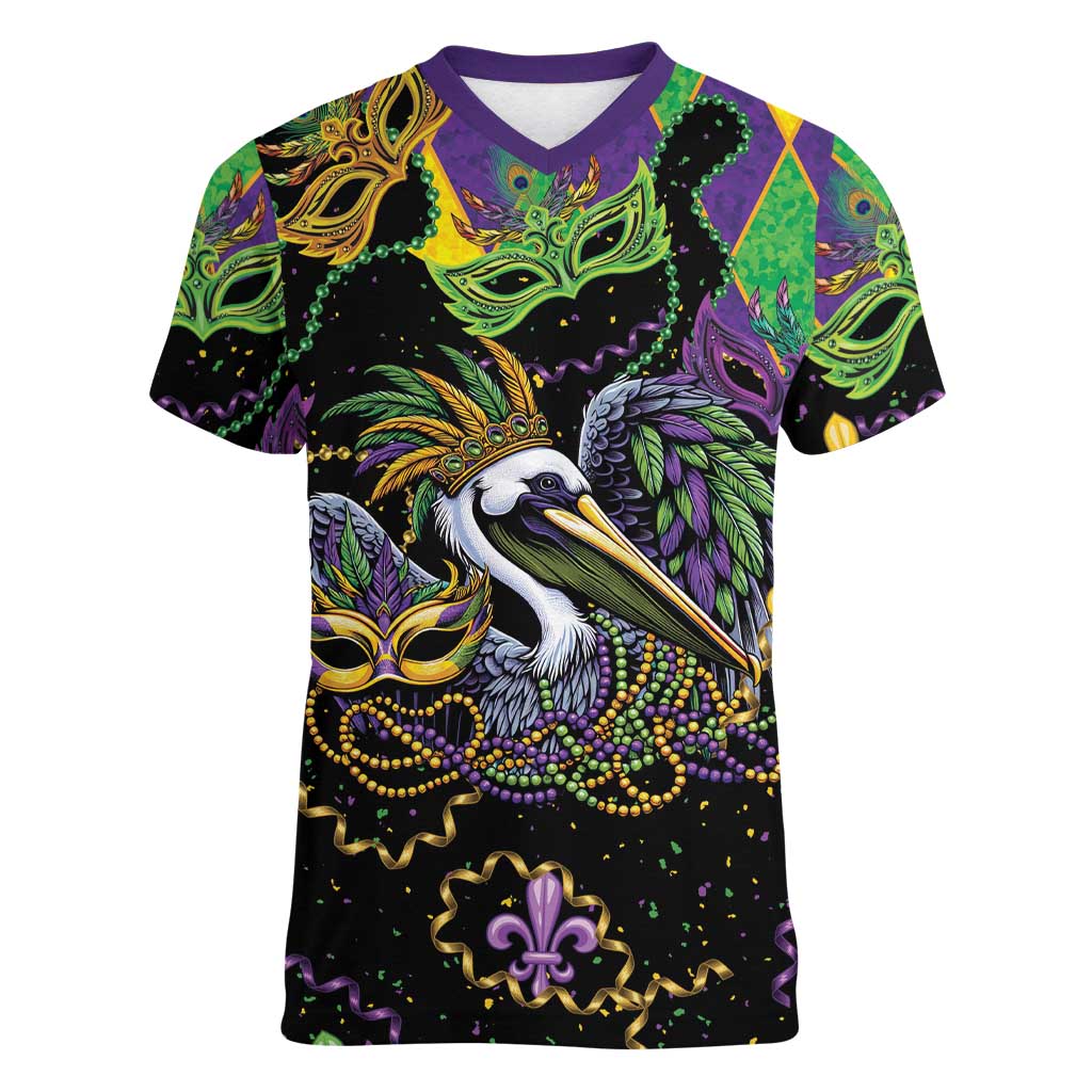 Mardi Gras Pelican Women V-Neck T-Shirt On Tuesdays We Wear Beads - Wonder Print Shop