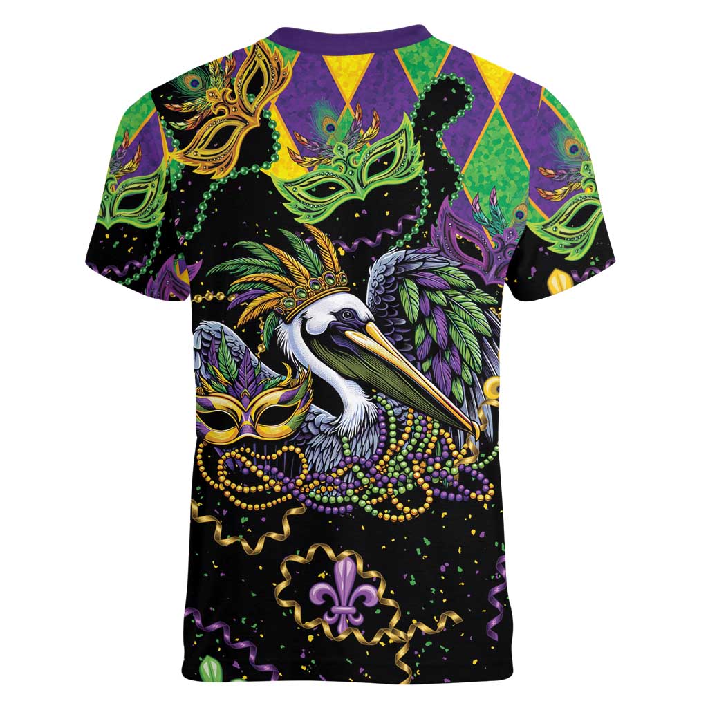 Mardi Gras Pelican Women V-Neck T-Shirt On Tuesdays We Wear Beads - Wonder Print Shop