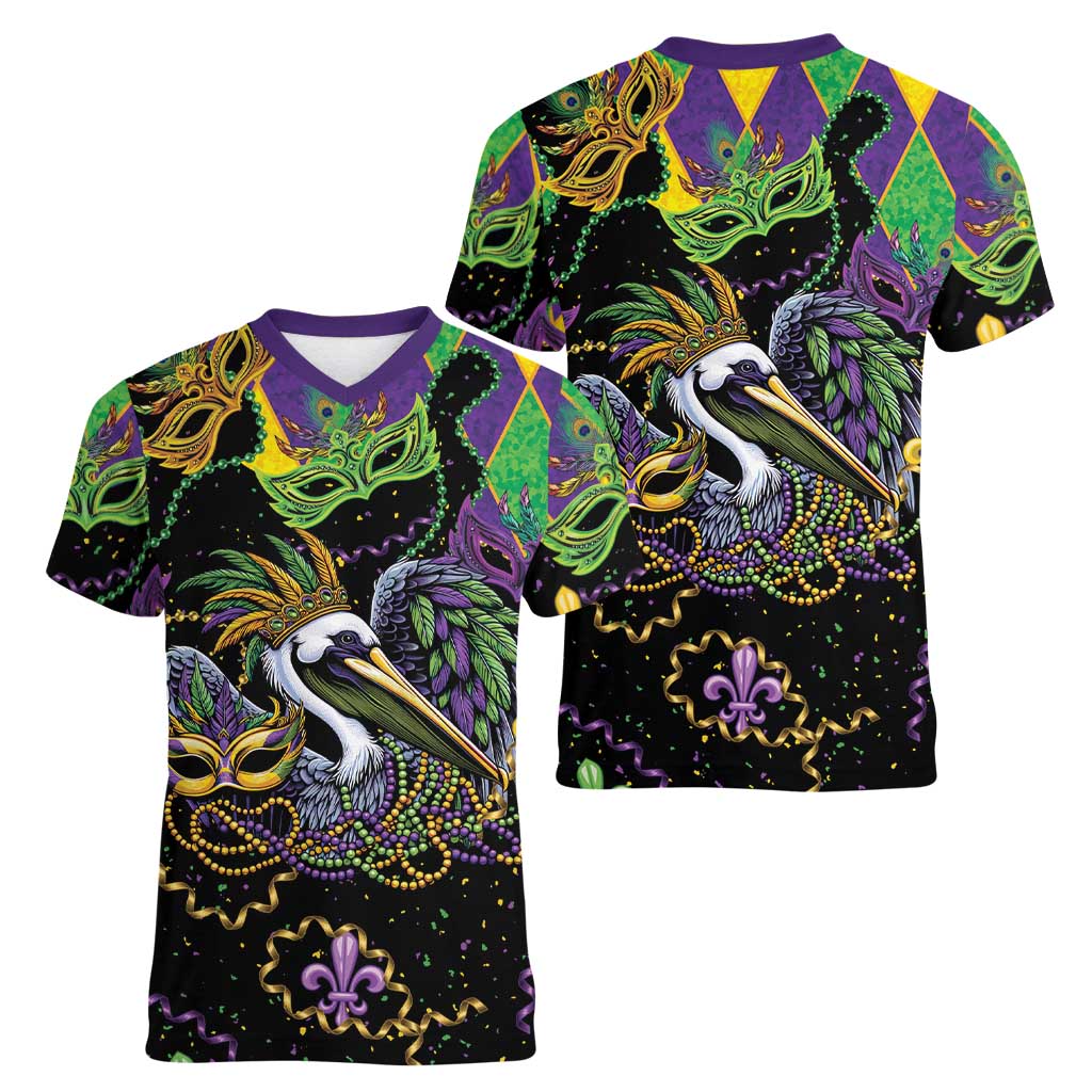 Mardi Gras Pelican Women V-Neck T-Shirt On Tuesdays We Wear Beads - Wonder Print Shop