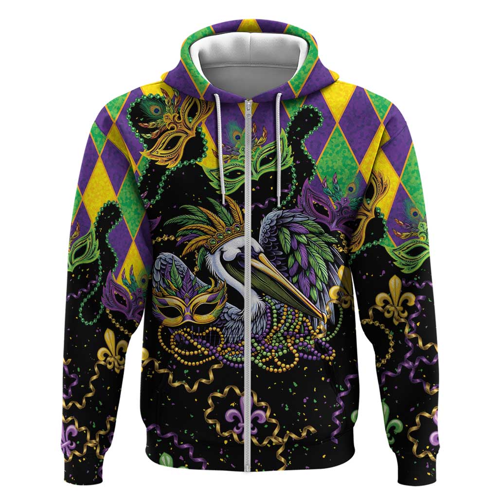 Mardi Gras Pelican Zip Hoodie On Tuesdays We Wear Beads - Wonder Print Shop