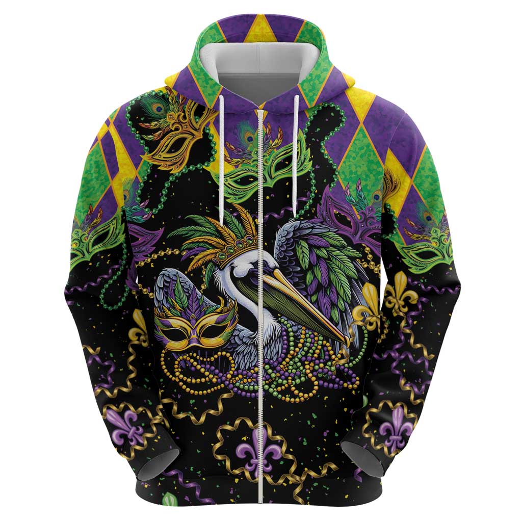 Mardi Gras Pelican Zip Hoodie On Tuesdays We Wear Beads - Wonder Print Shop