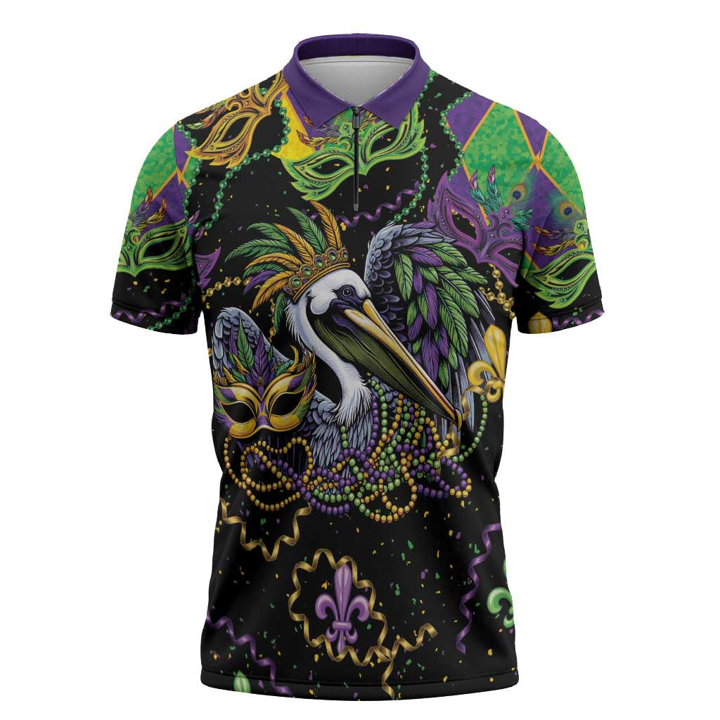 Mardi Gras Pelican Zipper Polo Shirt On Tuesdays We Wear Beads - Wonder Print Shop
