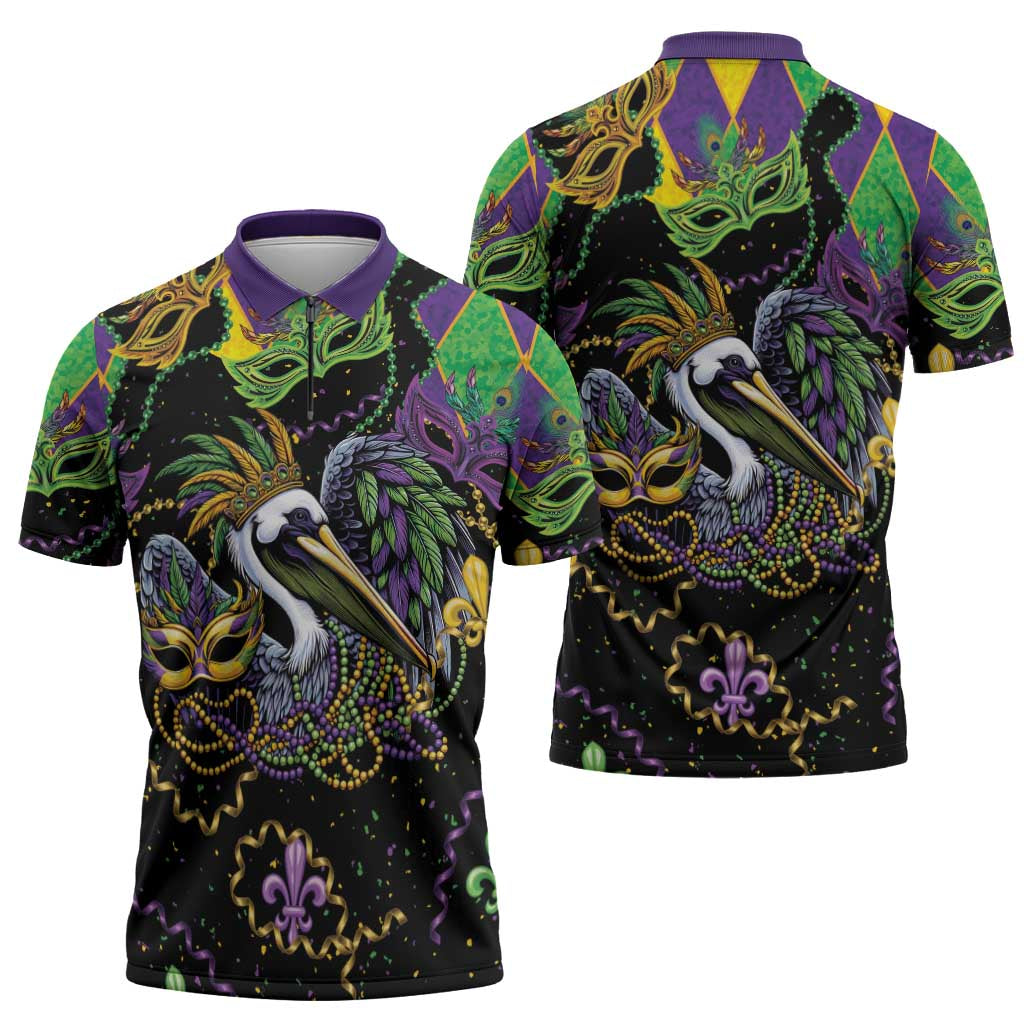 Mardi Gras Pelican Zipper Polo Shirt On Tuesdays We Wear Beads - Wonder Print Shop