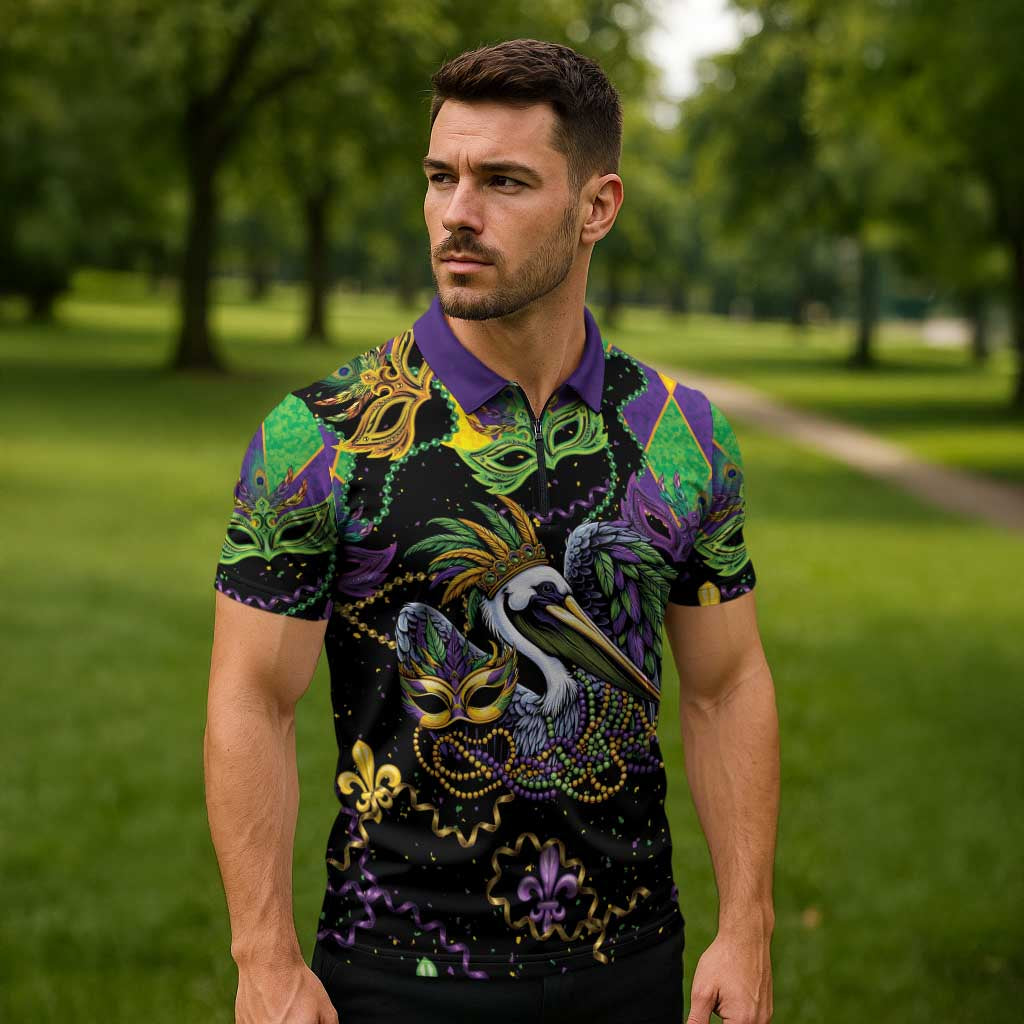 Mardi Gras Pelican Zipper Polo Shirt On Tuesdays We Wear Beads - Wonder Print Shop