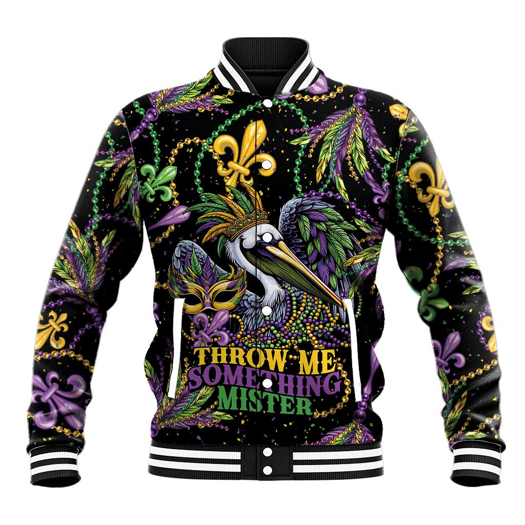 Mardi Gras Pelican Baseball Jacket Throw me Something Mister! - Wonder Print Shop