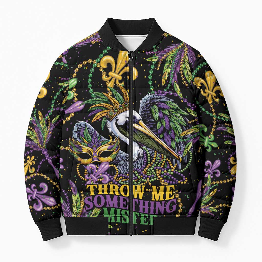 Mardi Gras Pelican Bomber Puffer Jacket Throw me Something Mister! - Wonder Print Shop