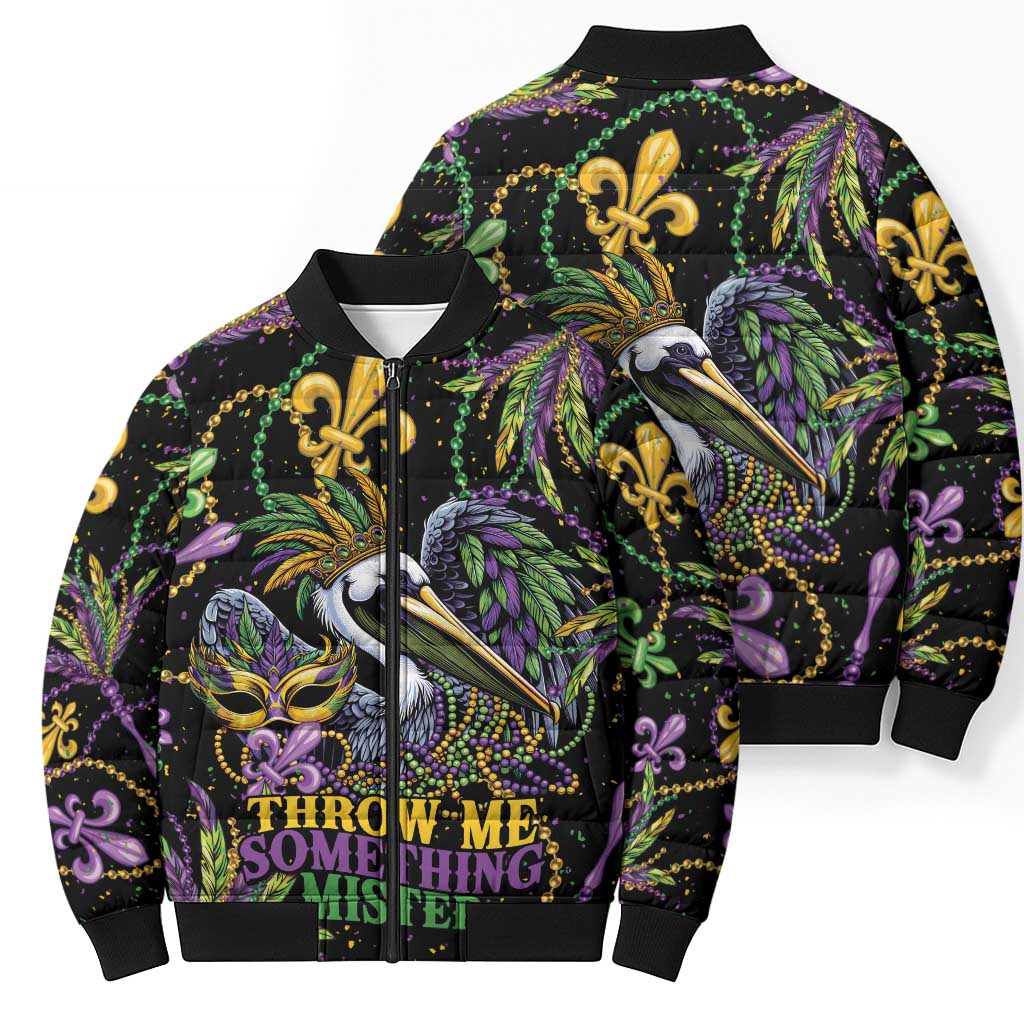 Mardi Gras Pelican Bomber Puffer Jacket Throw me Something Mister! - Wonder Print Shop