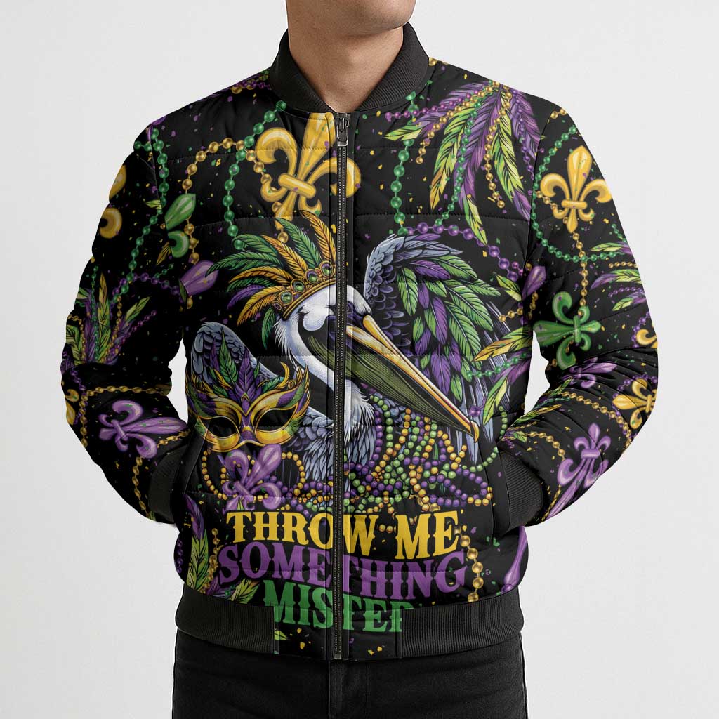 Mardi Gras Pelican Bomber Puffer Jacket Throw me Something Mister! - Wonder Print Shop