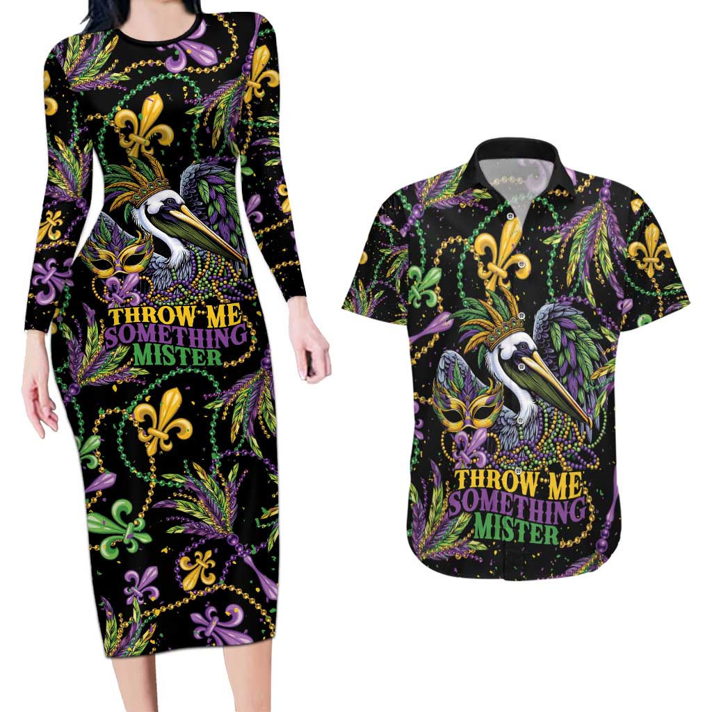 Mardi Gras Pelican Couples Matching Long Sleeve Bodycon Dress and Hawaiian Shirt Throw me Something Mister! - Wonder Print Shop
