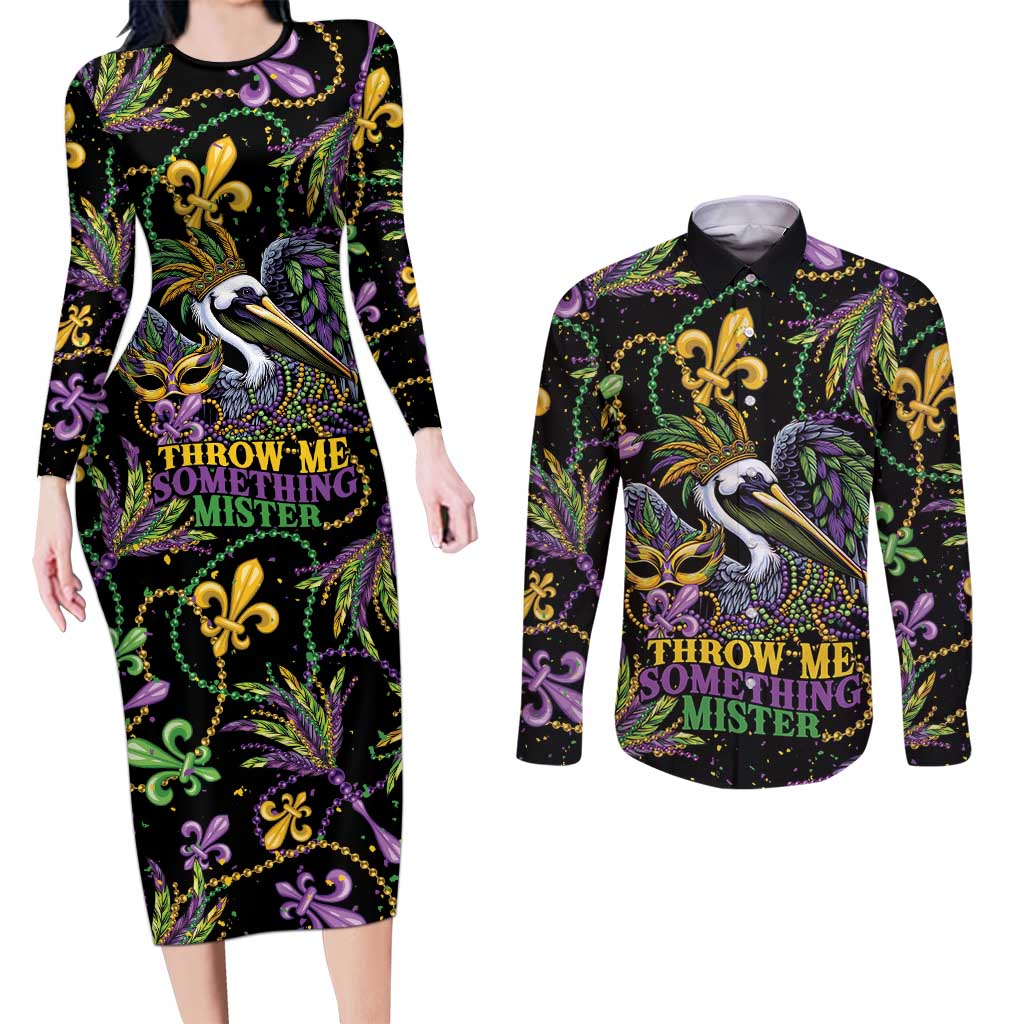 Mardi Gras Pelican Couples Matching Long Sleeve Bodycon Dress and Long Sleeve Button Shirt Throw me Something Mister! - Wonder Print Shop