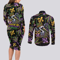 Mardi Gras Pelican Couples Matching Long Sleeve Bodycon Dress and Long Sleeve Button Shirt Throw me Something Mister! - Wonder Print Shop