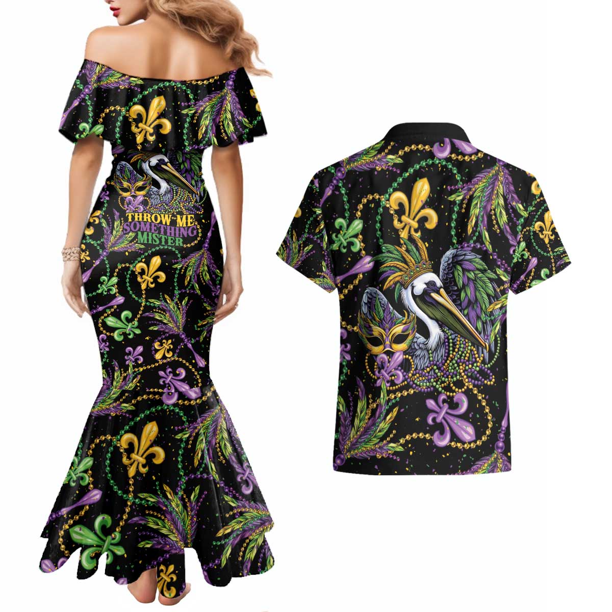 Mardi Gras Pelican Couples Matching Mermaid Dress and Hawaiian Shirt Throw me Something Mister! - Wonder Print Shop