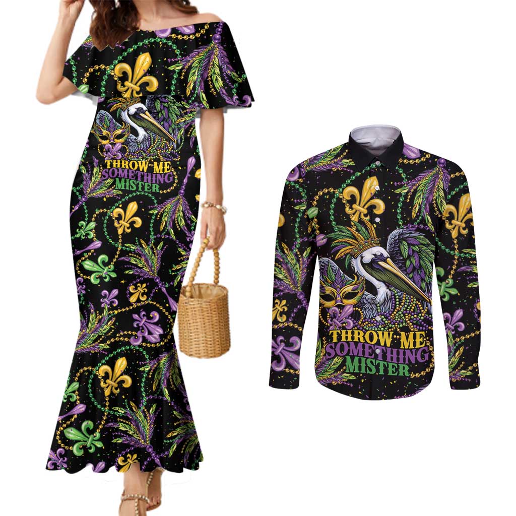 Mardi Gras Pelican Couples Matching Mermaid Dress and Long Sleeve Button Shirt Throw me Something Mister! - Wonder Print Shop