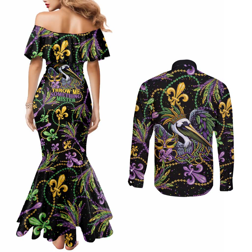 Mardi Gras Pelican Couples Matching Mermaid Dress and Long Sleeve Button Shirt Throw me Something Mister! - Wonder Print Shop